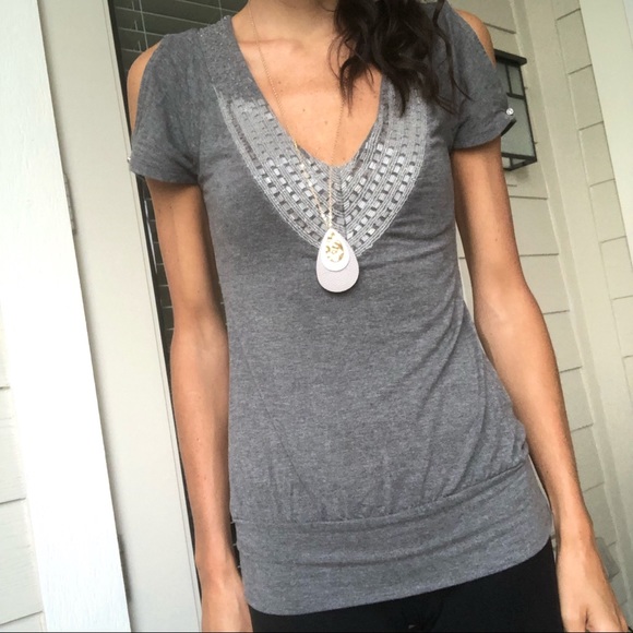 Guess Jeans Beaded Grey Blouse, Cold Shoulder - Picture 5 of 9